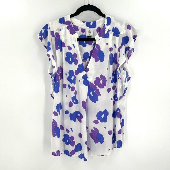 CABI White Purple Blue Semi Sheer Floral Print Flutter Sleeve Blouse Size Small - Picture 1 of 5